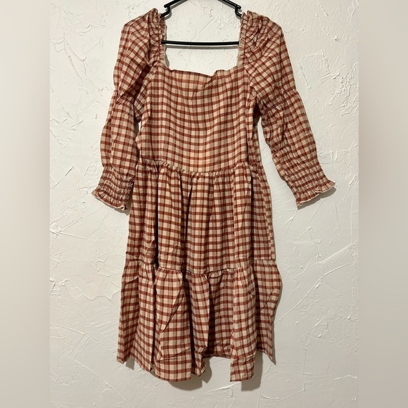 NWT QED London Square Neck Half Sleeve Tiered Smock Gingham Tan Dress Sz 8 - Picture 2 of 8